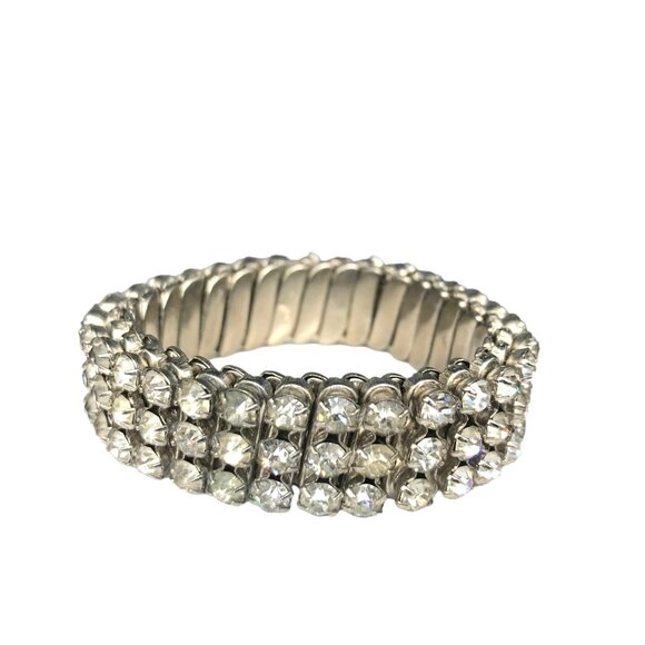 Vintage Expandable Bracelet, 3 Row Crystal Bling Stretch Bangle, Silver Tone - Picture 1 of 5